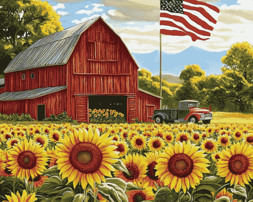 Sunflowers with Rustic Barn Diamond Painting