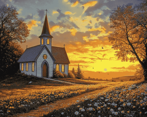 Sunset Country Church Diamond Painting