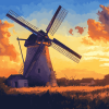 Sunset Dutch Windmill Landscape Diamond Painting