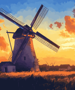 Sunset Dutch Windmill Landscape Diamond Painting