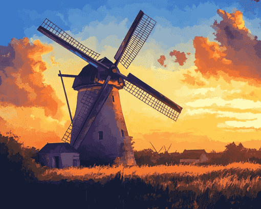 Sunset Dutch Windmill Landscape Diamond Painting