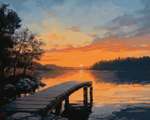 Sunset Over Bridge Lake Diamond Painting