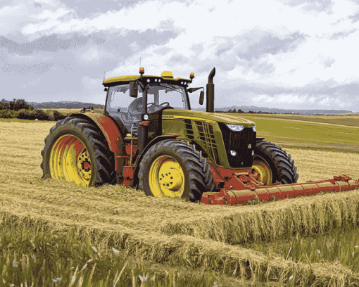 Tractors in Lush Hay Fields Diamond Painting