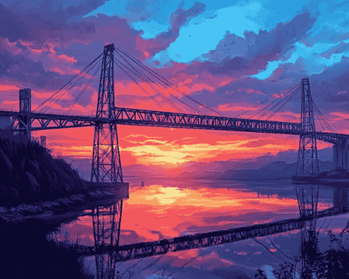 Transporter Bridge Sunset Scenery Diamond Painting