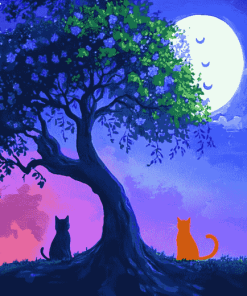 Tree Cats Night Diamond Painting