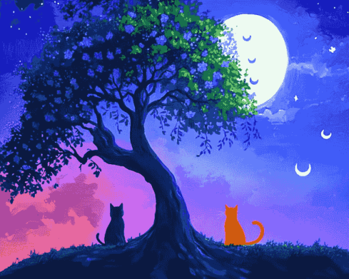 Tree Cats Night Diamond Painting