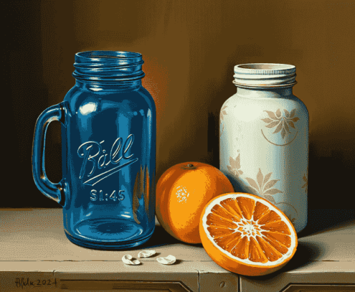 Vintage Blue Mason Jar and Oranges Diamond Painting