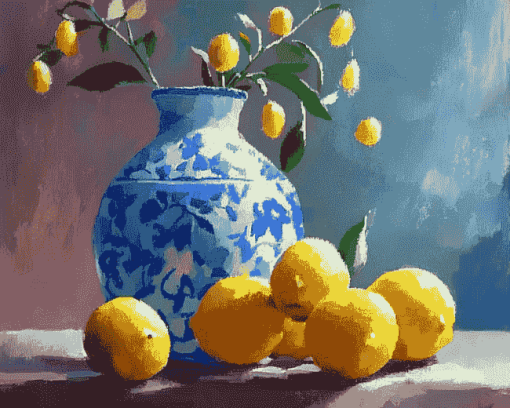 Vintage Blue Vase Lemons Diamond Painting