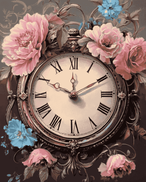 Vintage Clock and Flowers Diamond Painting