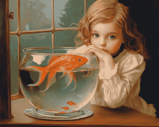 Vintage Goldfish with Little Girl Diamond Painting