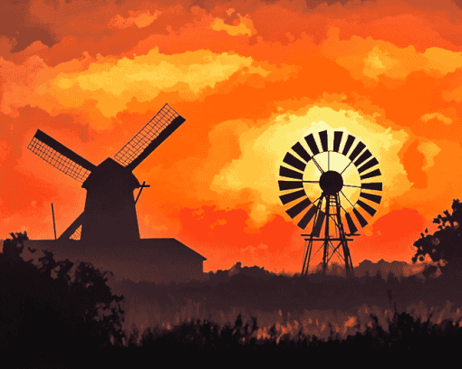 Western Windmill Sunset Diamond Painting