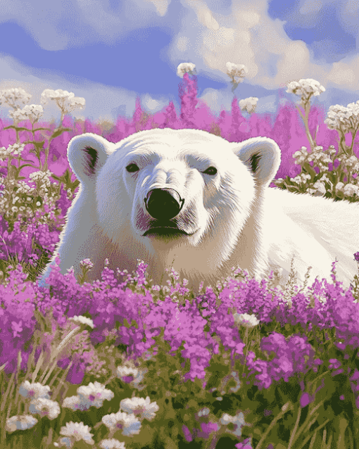 White Polar Bear Flowers Diamond Painting