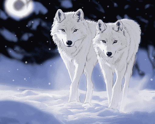 White Wolf Winter Scene Diamond Painting