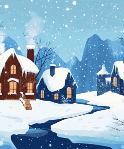 Winter Homes in Frozen Forest Diamond Painting