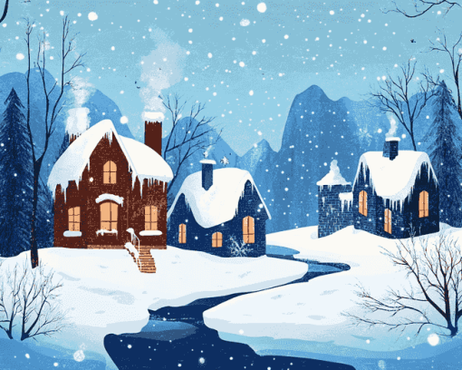 Winter Homes in Frozen Forest Diamond Painting