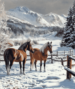 Winter Horses Mountain Scene Diamond Painting