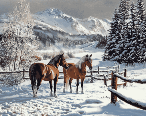 Winter Horses Mountain Scene Diamond Painting