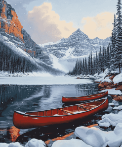 Winter Red Canoe in Canadian Landscapes Diamond Painting