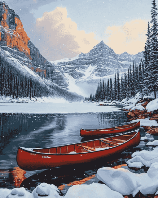 Winter Red Canoe in Canadian Landscapes Diamond Painting