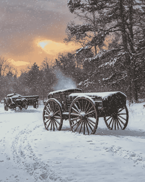 Winter Wagons in Snowy Landscape Diamond Painting