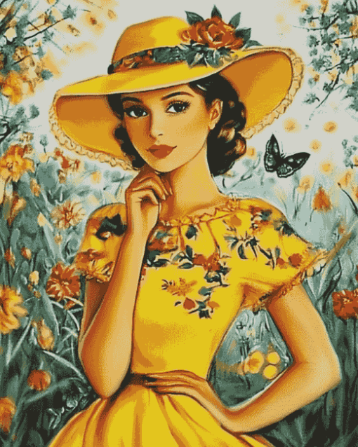 Yellow Hat Vintage Woman Diamond Painting