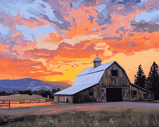 Yellowstone Barn Sunset Diamond Painting