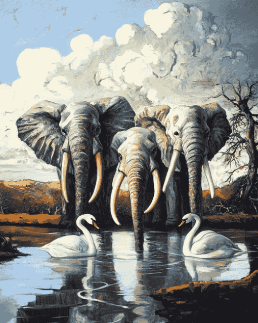 Abstract Swans and Elephants Diamond Painting