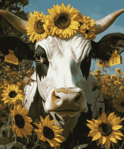 Aesthetic Cow with Sunflowers Diamond Painting