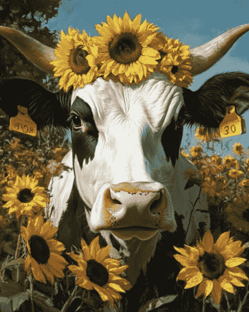 Aesthetic Cow with Sunflowers Diamond Painting