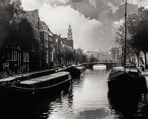 Amsterdam Black And White Barges Diamond Painting