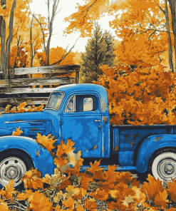 Blue Trucks and Fall Leaves Diamond Painting