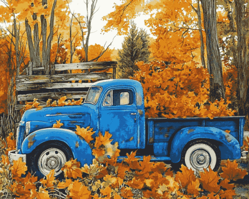 Blue Trucks and Fall Leaves Diamond Painting