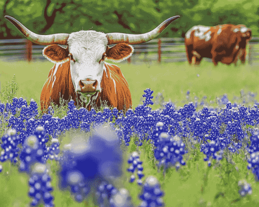 Bluebonnets and Longhorns Diamond Painting