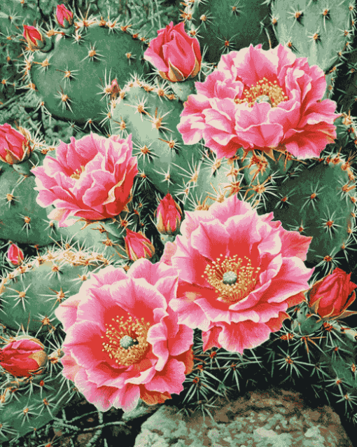 Cactus with Pink Rose Blossoms Diamond Painting