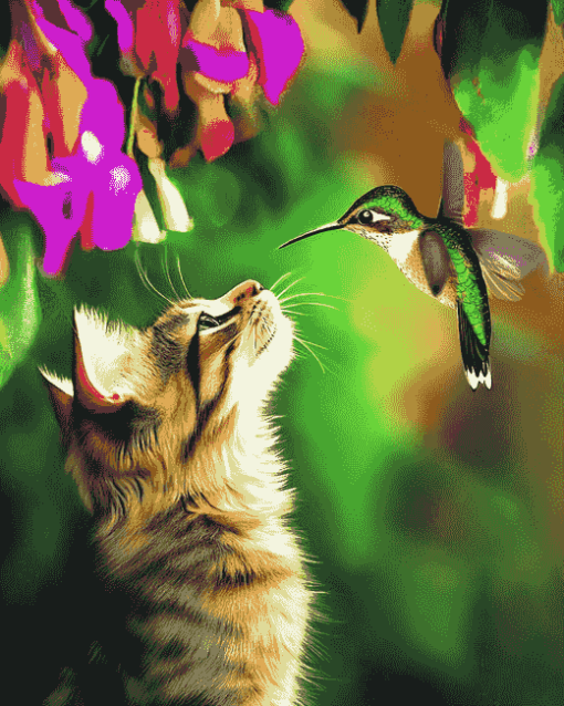 Cat and Hummingbird Diamond Painting