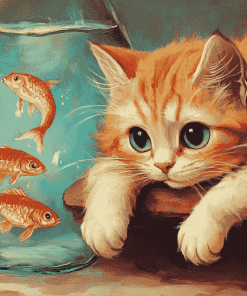 Cat with Fish Diamond Painting