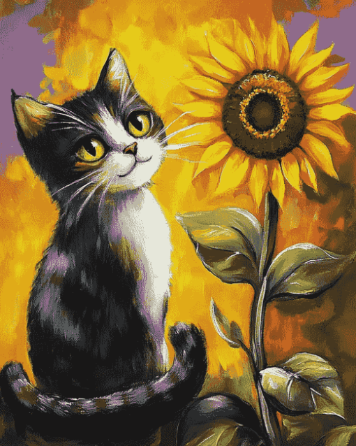 Cat with Sunflowers Diamond Painting