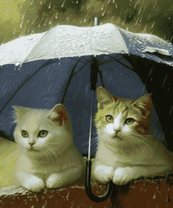 Cats and Kittens Under Umbrella Diamond Painting