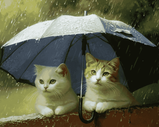 Cats and Kittens Under Umbrella Diamond Painting