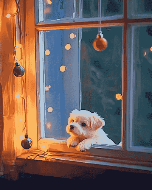 Christmas Puppies in Window Diamond Painting