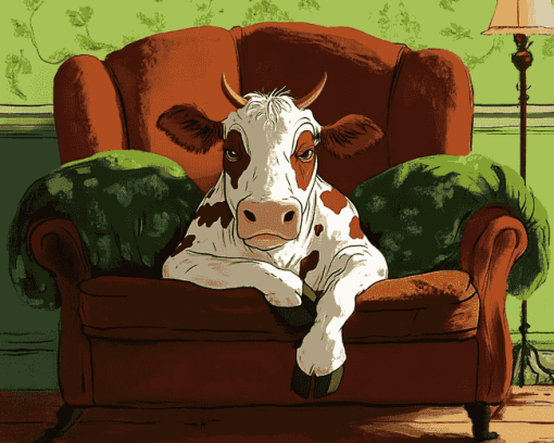 Cow on Couch Cartoon Diamond Painting