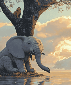 Elephant with Puppy on Tree Diamond Painting