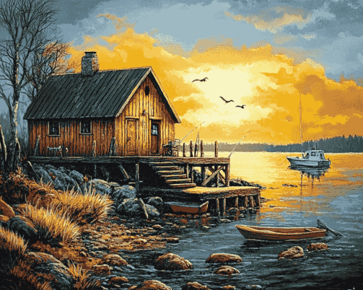 Fishing Cabin Landscape Diamond Painting