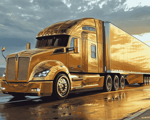 Golden Engine Semi Truck Diamond Painting