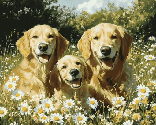 Golden Retrievers in Daisies Diamond Painting