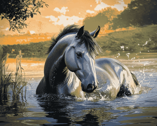 Grey Horse Splashing Diamond Painting