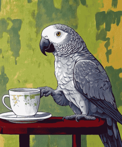 Grey Parrot Coffee Theme Diamond Painting