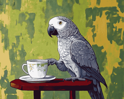 Grey Parrot Coffee Theme Diamond Painting