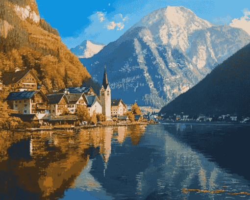 Hallstatt Mountains Scenic View Diamond Painting