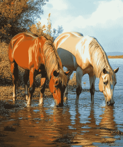 Horses Drinking Animal Art Diamond Painting